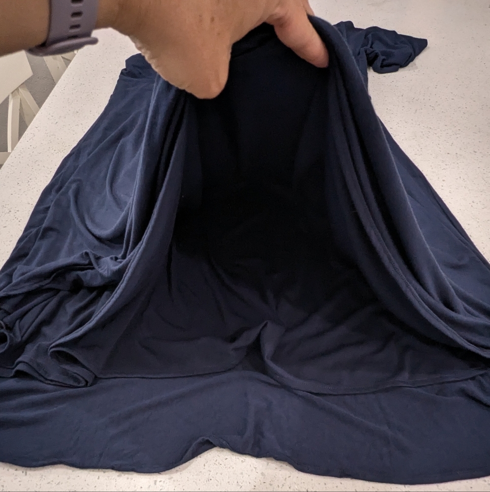 Boden Navy Blue Draped Jersey Midi Dress 3/4 Bell Sleeve Faux Wrap Stretch 16R - Picture 9 of 11